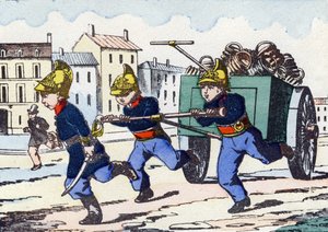 消防士。Alphabet militaire enfantin "に掲載されたエングレーヴィング。1890年頃のポン・ア・ムソンをイメージしています。20ページ。寸法：28,5x21cm 作： Unbekannt