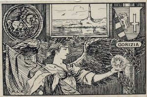 第一次世界大戦 (1914-1918): イタリアへのゴリツィアの添付ファイルのイタリアの愛国的なはがき 作： Unbekannter Künstler