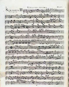 J ハイドンの交響曲第 2 番のヴァイオリンのための楽譜の最初のページ 作： Unbekannter Künstler