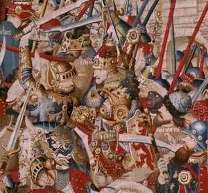 フランドルのタペストリー。シリーズ「トロイア戦争」。アキレスの天幕（La Tienda de Aquiles）。シリーズの6枚目のタペストリー。モデル コエティヴィ名人（ヘンリーまたはコンラール・ド・ヴルコップ）。トゥルネーの工房で製作されました。1470年頃。生地 ウールとシルク、1cmあたり6/7本の縦糸。サイズ 467 x 690 作： Unbekannt