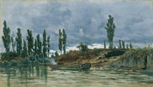 はしけのある川の風景 作： Unbekannter Künstler