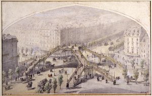 パリの歩道橋、1880年頃（ドローイング） 作： Unbekannter Künstler