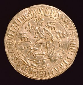 アキテーヌ公シャルルのフォール・ドール（1433-77年）（裏面）ライオンと格闘する公爵の姿、ボルドーで打たれる
