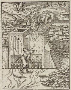 金鉱石を加熱するための炉 - Lazarus Eckerによる「鉱山と主な採掘方法の説明」からの版画 作： Unbekannt