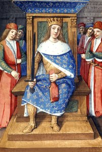 玉座に座るフランス王ルイ9世（聖ルイ、214-1270年、1226年から1270年までの王）、フランスの照明画 作： Unbekannter Künstler