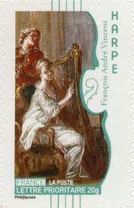 フランス人画家フランソワ＝アンドレ・ヴィンセントの絵画から、ハープを演奏する女性を描いたフランスの切手。