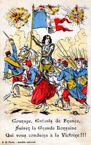 フランス兵を率いて出征するジョアン・オブ・アークを描いたフランスのポストカード