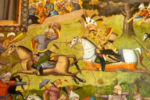 フレスコ画：白馬に乗ったシャー・イスマイル、ターヘルアバドの戦い（1510年）、メルヴのウズベク人との戦い、チェヘル・ソトゥーン、四十柱の宮殿、イスファハン、イラン、アジア 作： Unbekannt