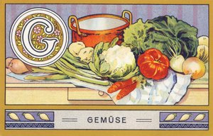 G: Gemuse - Alphabet Palmin.H. Schlinck & Cie, Hamburg, n.d.で出版された一連のクロモリトグラフ。Palmin feinstes Cocosfettの広告です。サイズ : 7 x 11 cm 作： William M. Timlin