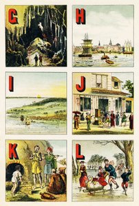 G H I J K L : cave, Hamburg, island, Japan, Kabylie, lake - Alphabet geographiqueから抜粋した版画。Guerin-Muller et Cie, editeurs, Paris. 作： Unbekannt