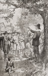 1671年、アメリカのメリーランド州で4日間にわたって開かれた地元クエーカー教徒の集会で、群衆に説教するジョージ・フォックス。ジョージ・フォックス 作： Unbekannter Künstler