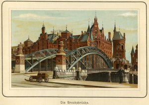 ドイツ、ハンブルク、"ブルックス橋 "と背景の "シュパイヒャーシュタット "と呼ばれる港の倉庫群、1890年頃（リトグラフ 作： Unbekannter Künstler