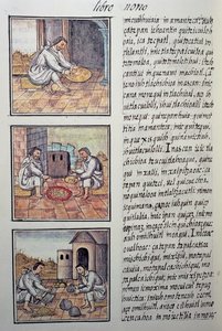 スペイン征服後の金の加工。スペイン人宣教師Fray Bernardino de Sahagun（1499-1590）によるフィレンツェ写本「新スペインの事物の一般的歴史」のページ。アステカ文明 作： William M. Timlin