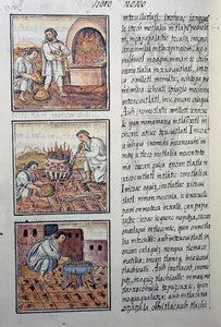 スペイン人による金の産出、スペイン人宣教師Fray Bernardino de Sahagunによる、スペイン語とナワトル語の対訳であるフィレンツェ写本「新スペインの事物の一般的な歴史」のページ。アステカ文明 作： William M. Timlin