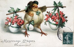 イースターのグリーティングカード：バラの花が入った卵を運ぶヒヨコ - 1908年のポストカード 作： Unbekannt