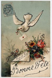 グリーティングカード：鳥が封書を持ってくる - 1906年のポストカード 作： Unbekannt