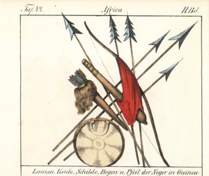 ギニー・コナクリの武器、槍、棍棒、弓矢、盾。本のためのリトグラフ：「Galerie complete en tableaux fideles des peuples d
