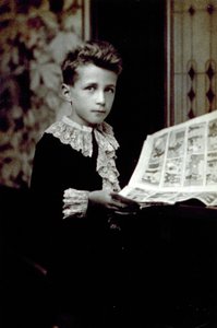 漫画に目を通す少年の半身像 作： Unbekannter Künstler