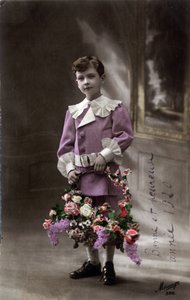 ハッピーニューイヤーグリーティングカード。花のバスケットを持つ子供 - 1920年のポストカード 作： Unbekannt