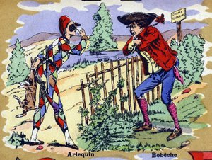 ハーレクインとボベチェ 。イラスト入りのアルファベット。20世紀初頭にジャービル・ナンシーで再会したイメジェリー。寸法：40 x 29 cm。ビストル地にリトグラフ 作： William M. Timlin