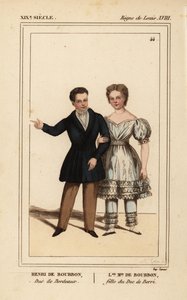 シャンボール伯アンリ、ボルドー公1820-1883年、ベリー公の娘ルイーズ・マリー・テレーズ・オブ・アルトワ1819-1870年。カロン夫人による手彩色リトグラフ、『Le Bibliophile Jacob』、別名ポール・ラクロワの『Costumes Historique de la France』より。 作： Unbekannter Künstler
