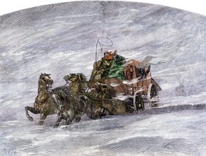 開拓者の歴史と西部のコンケテ：アメリカの開拓者たち吹雪の中の草原での勤勉さ 作： Unbekannter Künstler