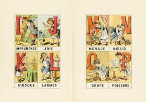 I : 軽率、J : 喜び、K : キオスク、L : 涙、M N O P : 男、女、男児、女児、女児 - 「ABCD des petites filles」から引用された版画です。Pellerin & Cie, imprimeur-editeur, Epinal, circa 1890.シリーズA。寸法 : 19 x 13,5 cm