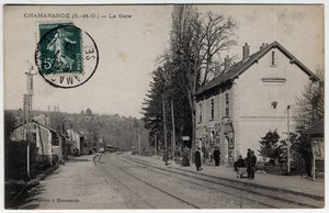 イル・ド・フランス、エソンヌ県（91）、シャマランド：鉄道駅の風景 - 1908年のポストカード 作： William M. Timlin