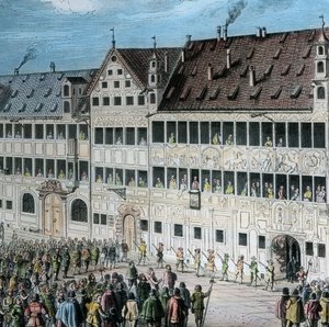 アウクスブルクのヴァインマルクトにあるフッガー家の前で、人々はスウェーデン王グスタフ・アドルフに敬意を表している。 作： Unbekannter Künstler