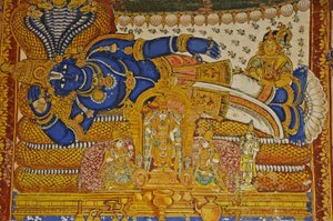 インド、タミル・ナードゥ州、スリランガム、スリ・ランガナタスヴァミ・ヒンドゥー寺院（起源は10世紀）、ヴィシュヌの壁画。 作： Unbekannt