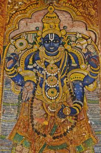 インド、タミル・ナードゥ州、スリランガム、スリ・ランガナタスヴァミ・ヒンドゥー寺院（起源は10世紀）、ヴィシュヌの壁画。 作： Unbekannt