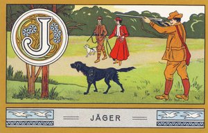 J: ハンター - アルファベットのパルマイン。 H. Schlinck & Cie によって編集された一連の chromolithography、Hamburg、p. d. . パルミンの最高級ココナッツ脂肪の広告。 寸法：7×11cm 作： Unbekannter Künstler