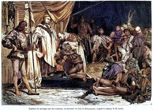 ジャン・ド・ベタンクール、ノルマン紳士、バロン・ド・サン・マルタン・ル・ガイヤールは、1405 年 1 月にカナリア諸島を征服し、キリスト教化した、雑誌「Sur terre et sur mer」n°28、1 月 8 日より 作： Unbekannter Künstler