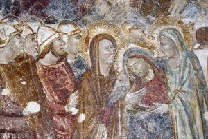涙を流す女性に出会うイエス・キリスト。イタリア、アマルフィのカテドラル・サンタンドレアの絵画（フレスコ画）。 作： Unbekannt