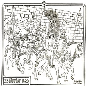 2月23日、ジャンヌ・ダルクとその護衛はヴォルールを出発した。 作： Unbekannter Künstler