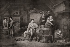 ネザーランドのコテージにいるアルフレッド王。アルフレッド大王、848年頃 899年。伝説によると、アルフレッドがサマセット・レベルズに逃れたとき、農民の女性に保護された。 作： Unbekannter Künstler
