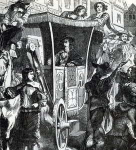 1642年1月4日、5人の国会議員ジョン・ピム、ジョン・ハムデン、デンジル・ホレス、ウィリアム・ストロード、アーサー・ハゼルリグの逮捕に失敗し、群衆に囲まれるチャールズ1世。19世紀（『世界の歴史』からのエングレーヴィング） 作： Unbekannter Künstler