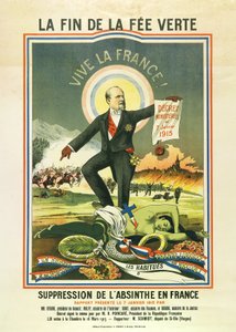 1915年、フランスでアブサンが禁止された際のリトグラフ「グリーンフィーの終わり 作： Unbekannt