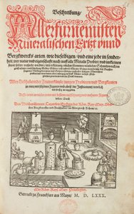 炉、器具、道具を備えた鉱石分析室 - Lazarus Eckerによる「Description of ores and principal methods of mining」のタイトルページ - Alchemy & Early Chemistry 冶金学に関する本のタイトルページ 作： Unbekannt