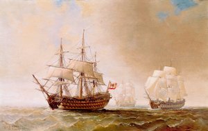 1805年10月21日、トラファルガーの海戦におけるスペイン船サン・エルメネジルド号：ヴィルヌーヴ提督率いるスペイン仏艦隊は、ネルソン副提督率いるイギリス艦隊と対戦した。19世紀の匿名の絵画 作： Unbekannter Künstler