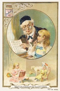 おじいちゃんとの読書丸いフレームの中に老人がいて、その傍らに少女がいるという広告用クロモリグラフ。写真の下には、おもちゃに囲まれて座っている小さな女の子がいる。19世紀後半にパリのリービッヒ社から出版されたものです。ディメンション 作： Unbekannt
