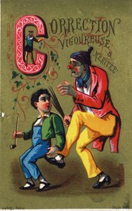 Letter C: Strong and meritee correction.Alphabet des grotesques"(グロテスクのアルファベット)の中のエングレーヴィング。ドール地に25枚の広告用クロモリトグラフのシリーズ、19世紀後半。薄さ：11x7cm 作： Unbekannt
