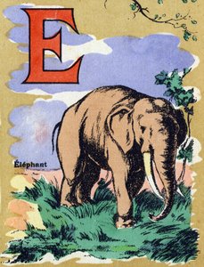 ゾウのような文字E。イラスト入りのアルファベット。20世紀初頭、ジャーヴィル＝ナンシーで再会したイメージたち。寸法：40 x 29 cm。ビストル地にリトグラフ 作： Unbekannt
