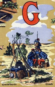 軍隊の大衛兵としての文字G。アルファベットのイラスト。20世紀初頭、ジャーヴィル＝ナンシーで再会したイメージたち。寸法：40 x 29 cm。ビストル地にリトグラフ