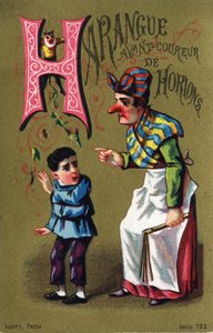 Letter H: ホリオン・ランナーの前のハランギー。Alphabet des grotesques"(グロテスクのアルファベット)の中のエングレーヴィング。ドール地に25枚の広告用クロモリトグラフのシリーズ、19世紀後半。寸法：11x7cm 作： Unbekannt