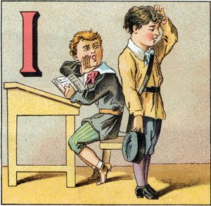 無知を表す文字I。講義を忘れてしまった学生の質問が、仲間の一人が吹き込んだ言葉を繰り返す。Alphabet des petits ecoliers "の中のエングレーヴィング。エピナルの映像、1885年頃。プリヴェ・コレクション