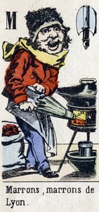 文字M「リヨンのブラウン、ブラウン」。アルファベット「子供の楽しみ」。エピナルのイメージング、1890年頃。人気シリーズ。8ページの小さな小冊子。小さな通りのメティエとパリの叫びをテーマにしたステンシル木版画 作： Unbekannt