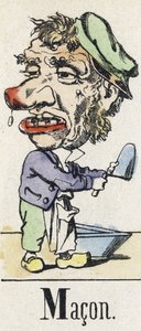 Letter M: Macon.イースタン・テイルのアルファベット。1890年頃のエピナルのイメージング。人気シリーズ。8ページの小冊子。ディム：205x150mm。メチエをテーマにしたステンシル入り木版画 作： Unbekannt