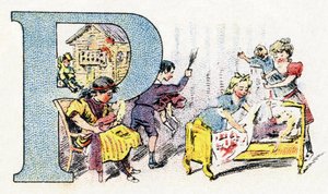 Letter P: Doll Polichinelle.ホスファティンファリエスのアルファベット .エングレービング。薬剤師Pierre Emile FalieresによるBrevete alphabet S.G.D.G. .19世紀後半の色版画による挿絵。16ページ。寸法：103x154mm