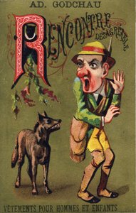 Letter R: 不愉快な会合。Alphabet des grotesques"(グロテスクのアルファベット)に掲載された版画。ドール地に25枚の広告用クロモリトグラフのシリーズ、19世紀後半。寸法：11x7cm 作： Unbekannt
